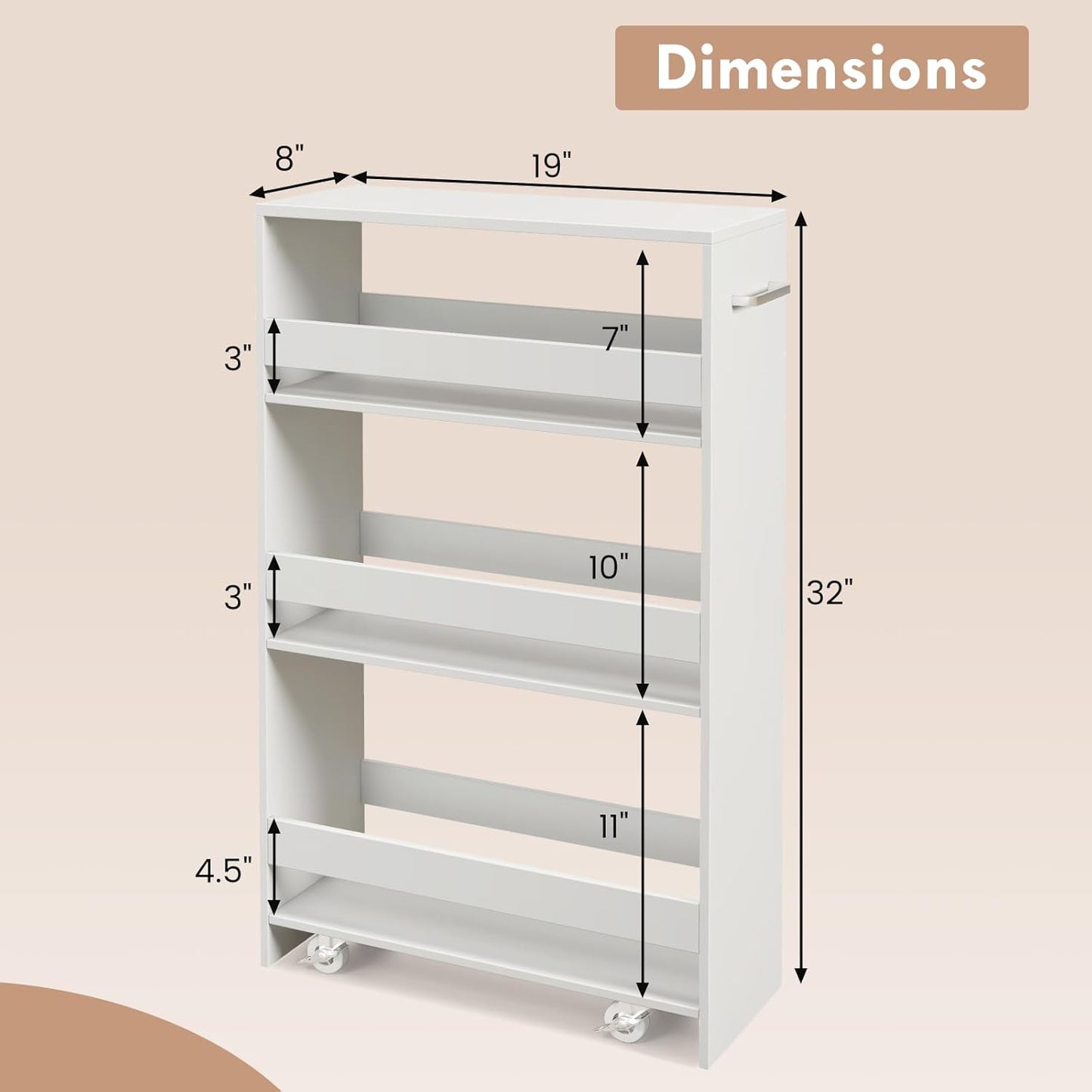 LOKO 4-Tier Rolling Storage Cart, 8 Inches Slim Kitchen Cart on Wheels with Open Shelves & Handle, Laundry Room Cart Between Washer and Dryer, for Narrow Space Bathroom Next to Fridge (White)
