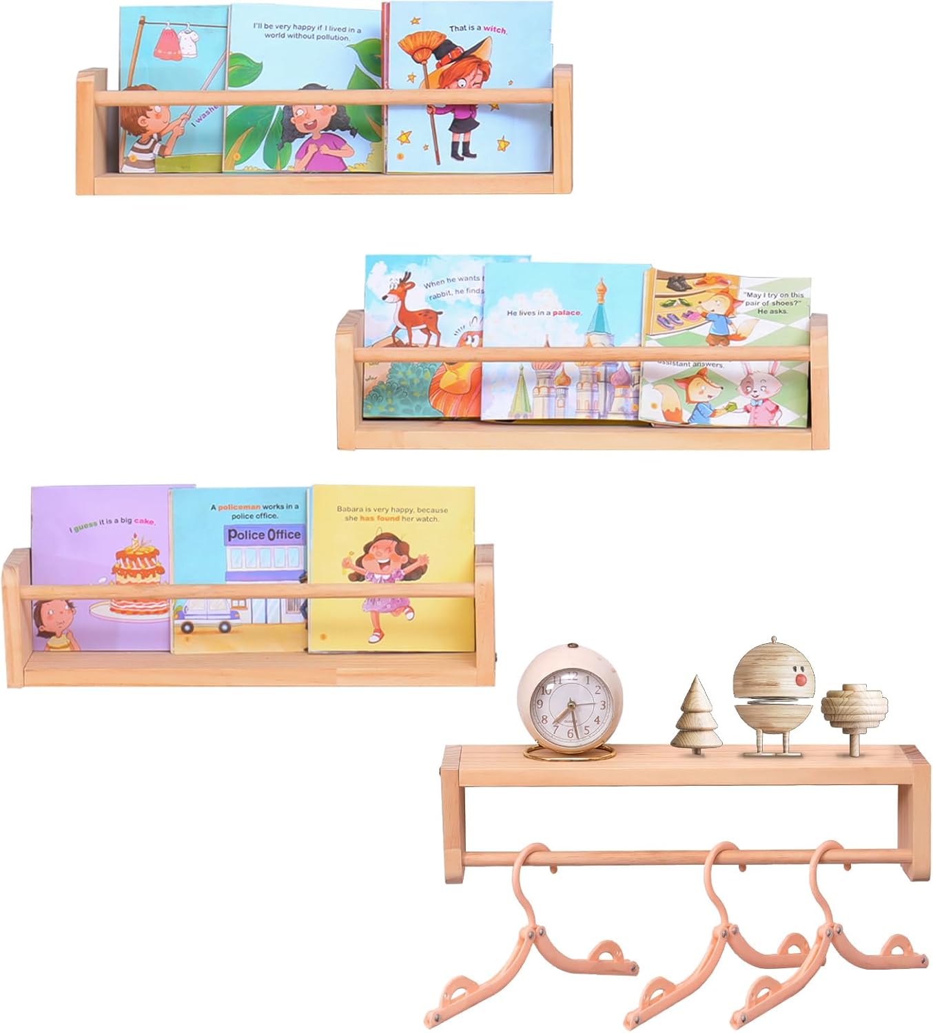 Set of 4 Wall-Mounted Kids Bookshelf - Pine Floating Nursery Book Shelves - Ideal for Nursery Shelf Decor ，Kids Room Toy Storage