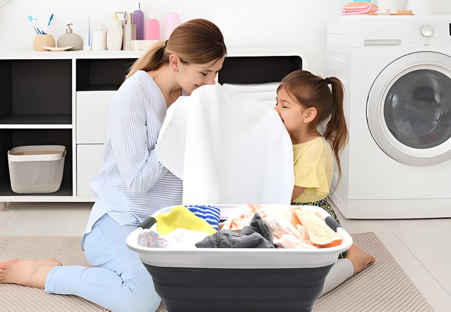 SAMMART 42L(11 gallon) Collapsible Plastic Laundry Basket-Foldable Pop Up Storage Container-Portable Washing Tub-Space Saving Basket,Water capacity 34L(9 gallon) (1 Rectangular - strengthen, Black)