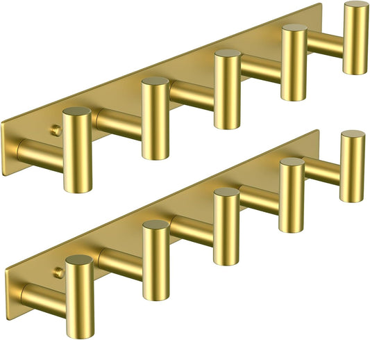 VAEHOLD Hat and Coat Wall Mount Rack - Hooks for Robes, Bags, Keys, and Towels - Bathroom Towel Hanger Organizer (Gold, “T“ Shape 5 Hooks 2 Pack)