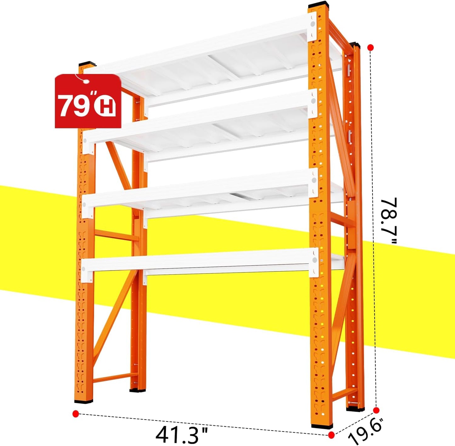 79" H Garage Shelving,3000LBS Heavy Duty Storage Rack,4 Tiers Metal Storage Rack Shelf, Adjustable Shelving Unit for Garage,Kitchen,Warehouse,Basement,78.7" H x 41.3" W x 19.6" D,Orange&White