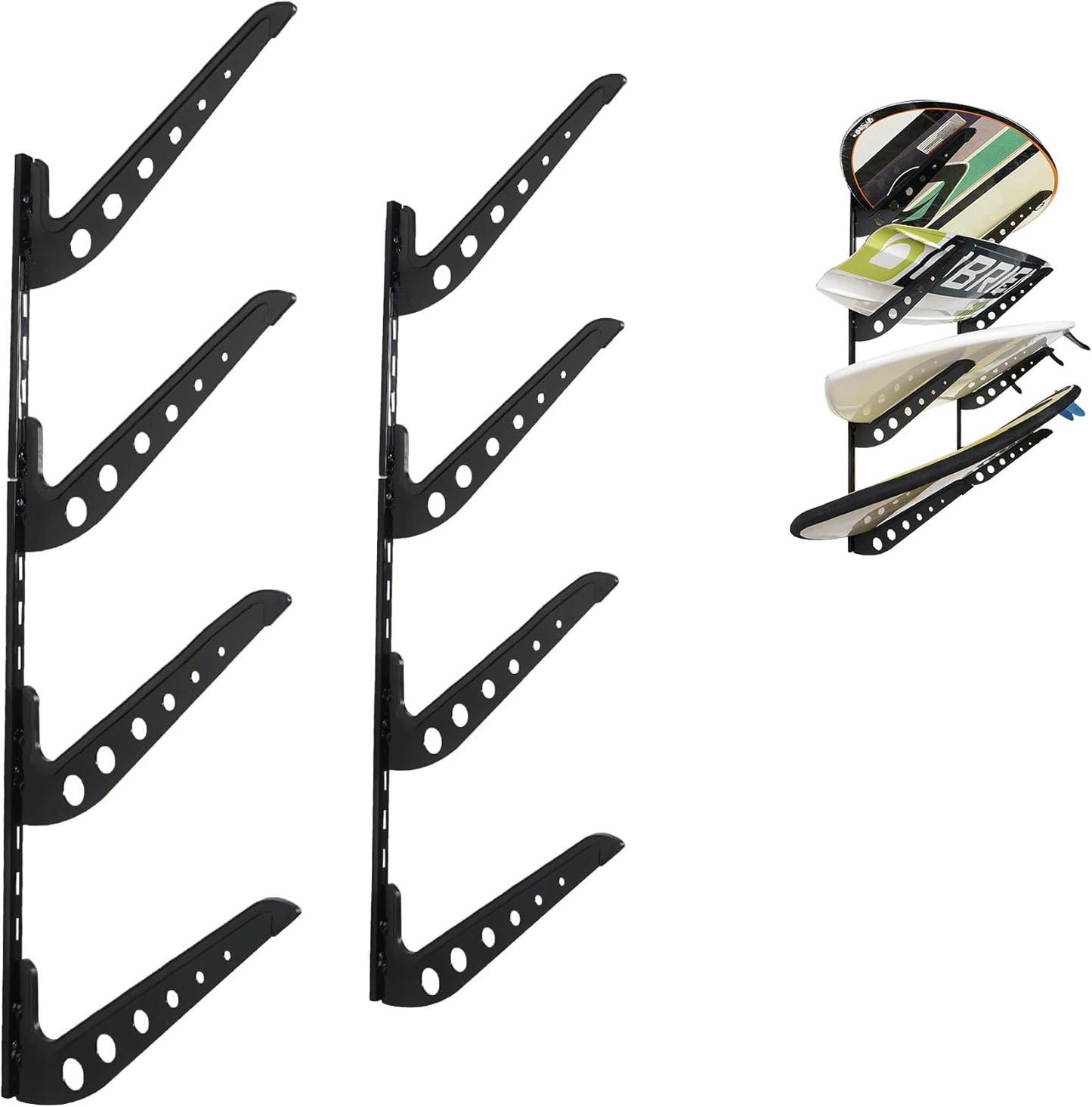 4 Board Surf Rack Wall Mount for Surfboard, Wakeboard, Snowboard Storage Adjustable Wall Hangers Boards Display