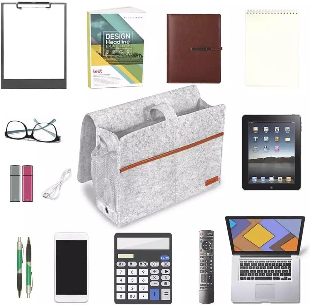 Bedside Caddy,Felt Bedside Storage Organizer, Hanging Storage for Dorm Bed Sofa for tablet Magazine Phone Remotes Water Bottle Holder (Grey)
