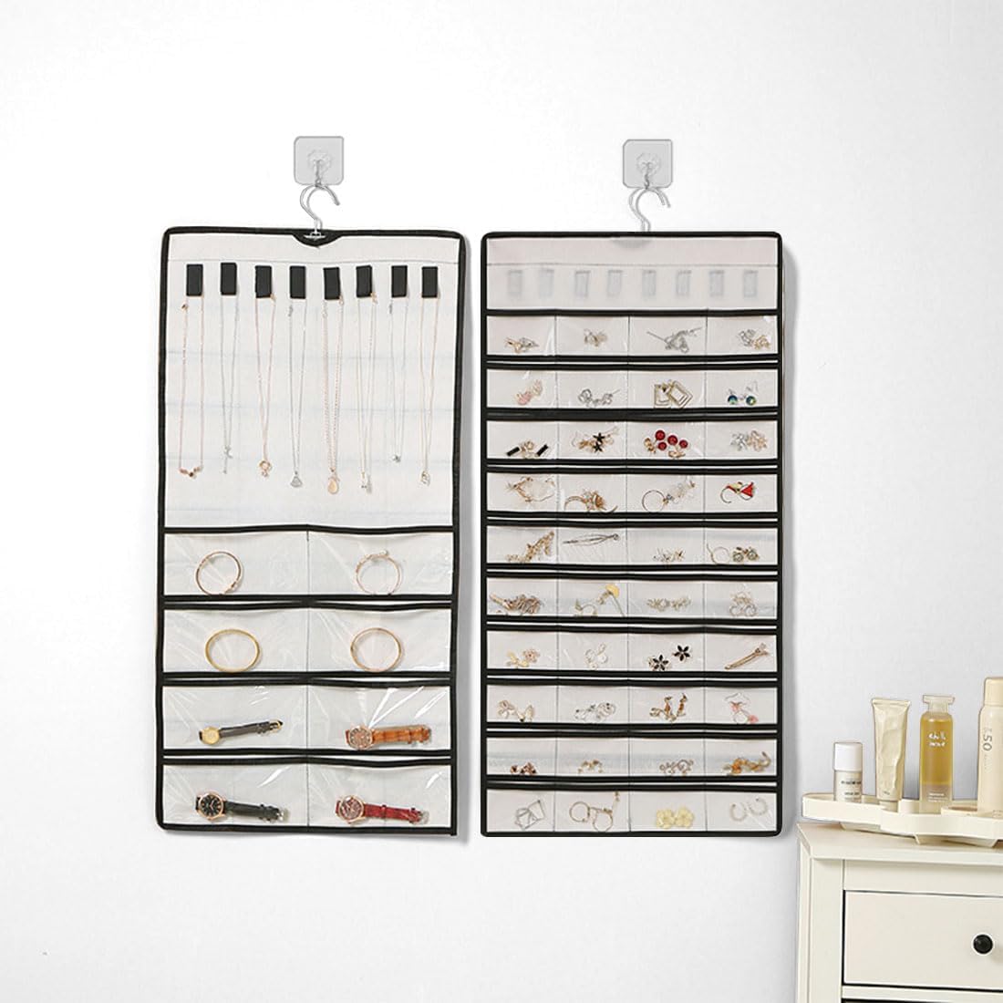 Voyyphixa Hanging jewelry Organizer, Jewelry Organizer Wall with two Transparent Jewelry Storage bag, Hanging Earring Organizer for Rings Bracelets Watches and Hairpins