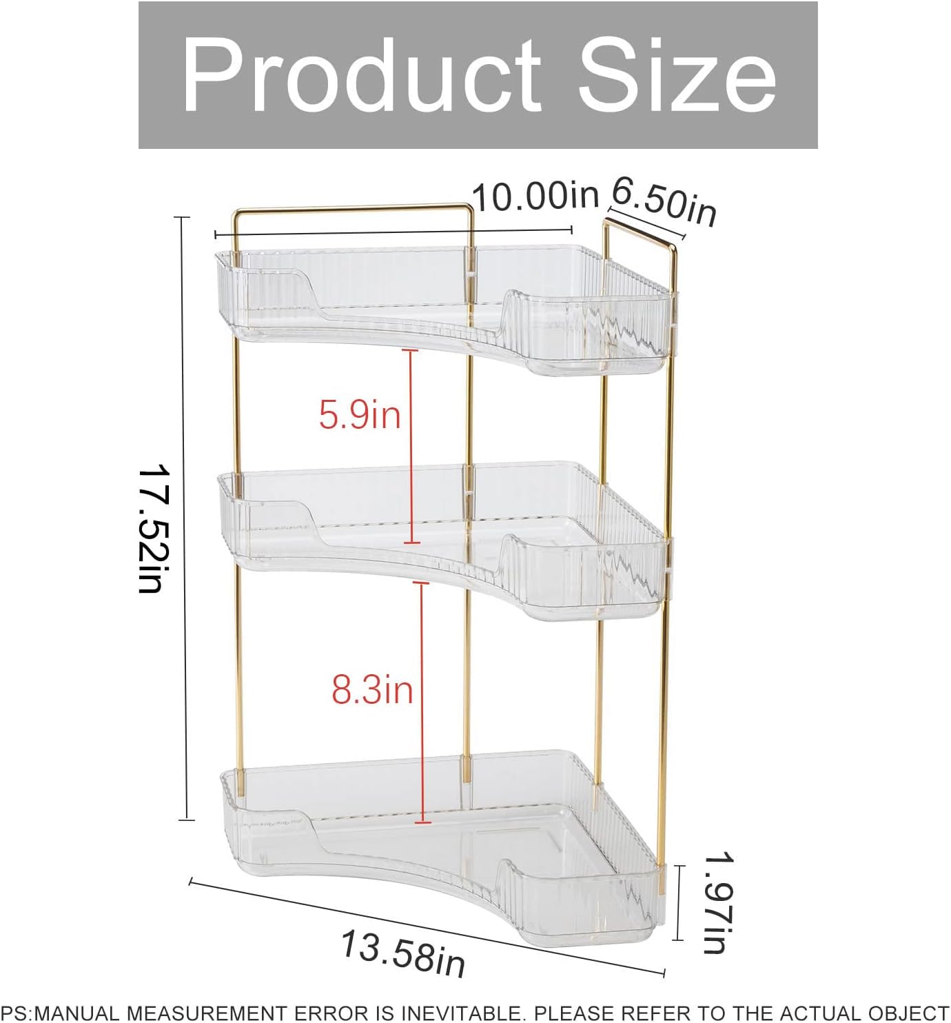 Corner Bathroom Countertop Organizer, Vanity Trays for Counter, Makeup Organizers, Perfume Tray, Kitchen Spice Rack, (Clear, 3 Tiers)