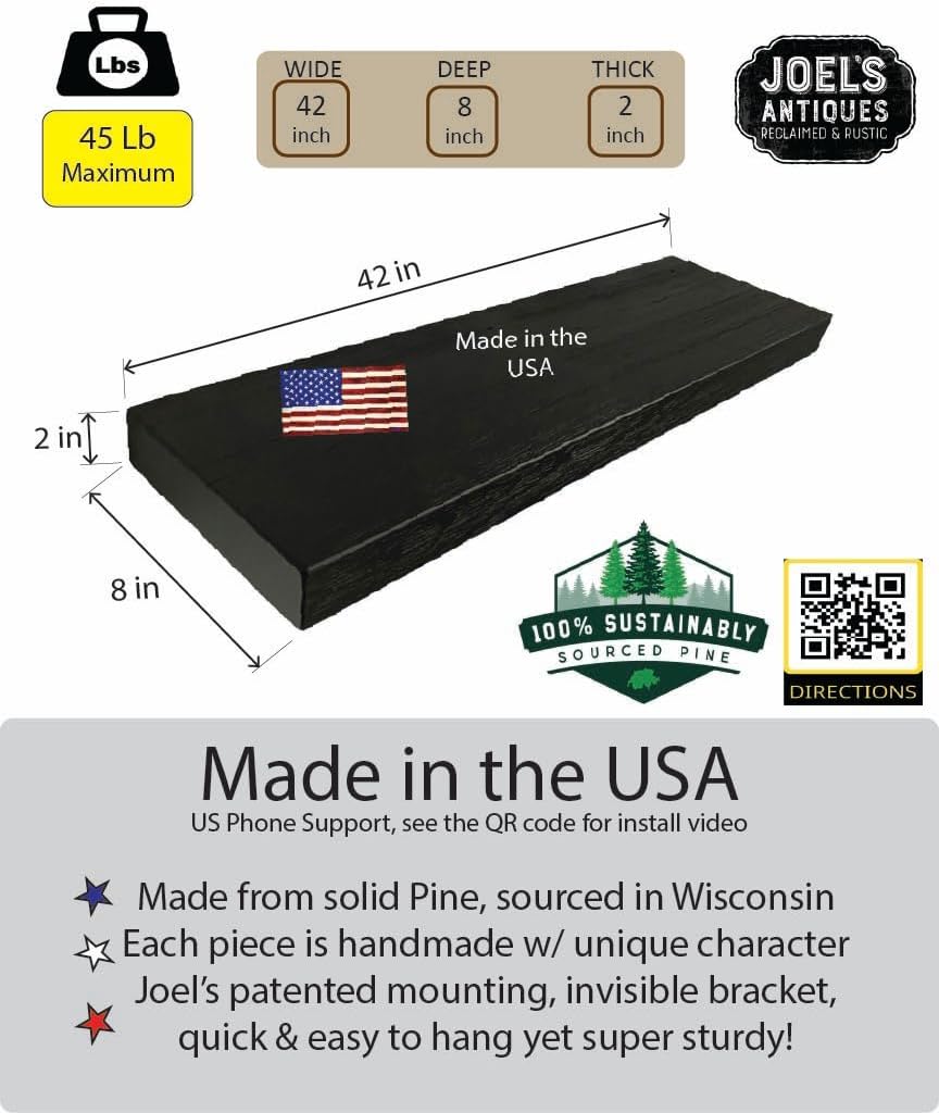 joelsantiques 42 Inch Wooden Elite Floating Shelves for Wall - 42x8x2 in - Made of Natural Wood - Heavy Duty Rustic Wall Shelves Made in USA - Perfect for Living Room, Kitchen - Black