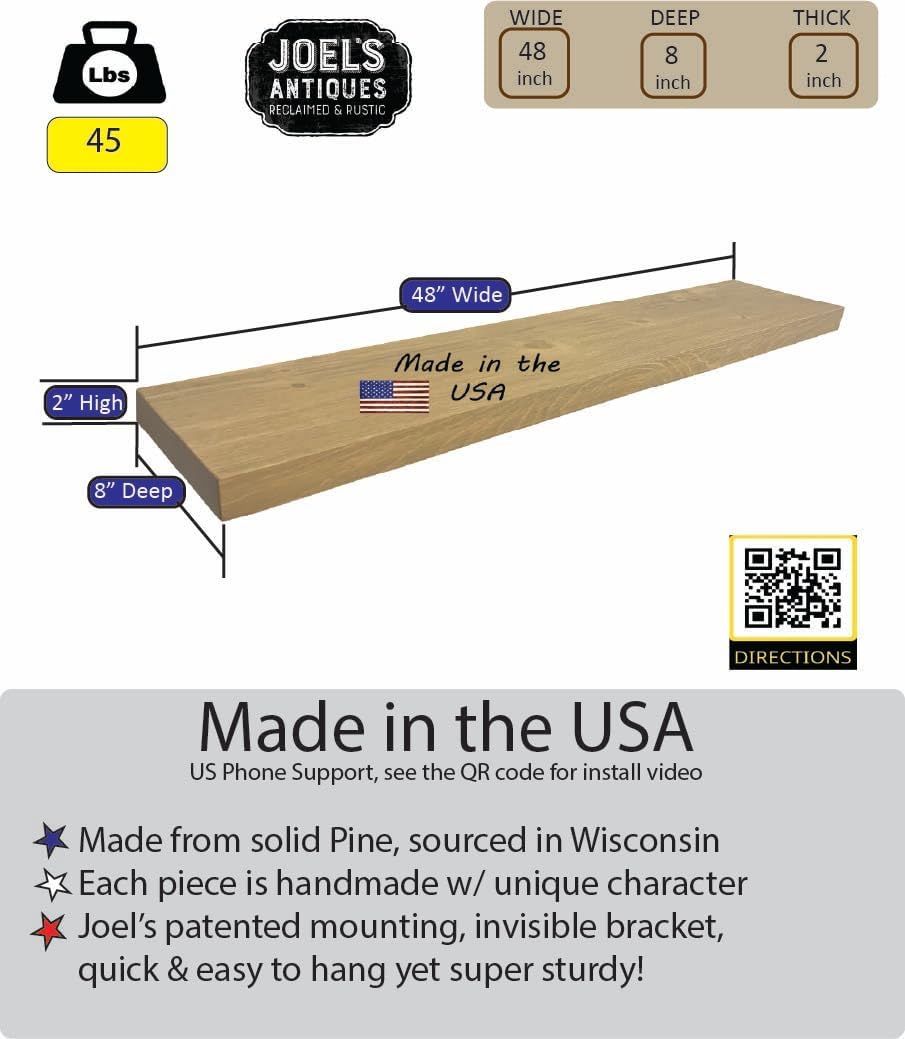 joelsantiques - 48 Inch Wooden Floating Shelves for Wall - 48x8x2 in - Made of Natural Wood - Long Heavy Duty Rustic Wall Shelves for Bedroom - Perfect for Living Room, Kitchen - Beige