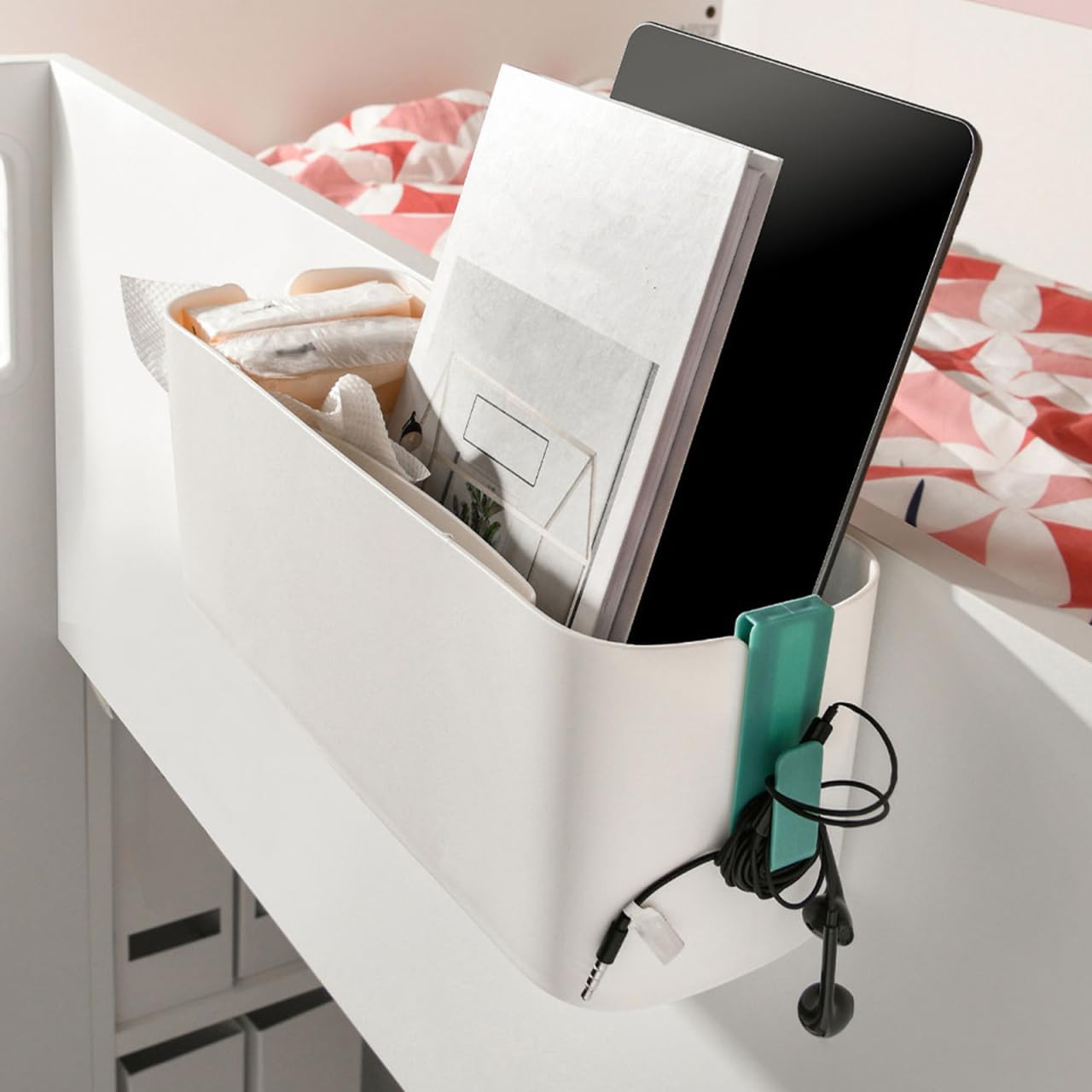 Bedside Cady for Dorm Bed, Plastic Bedside Hanging Organizer with Side Hooks, Bedside Shelf for Phone Glasses Bottle Office Supplies in Dorm Room RV and Bunk, 13 x 5.7 x 4.7 inch