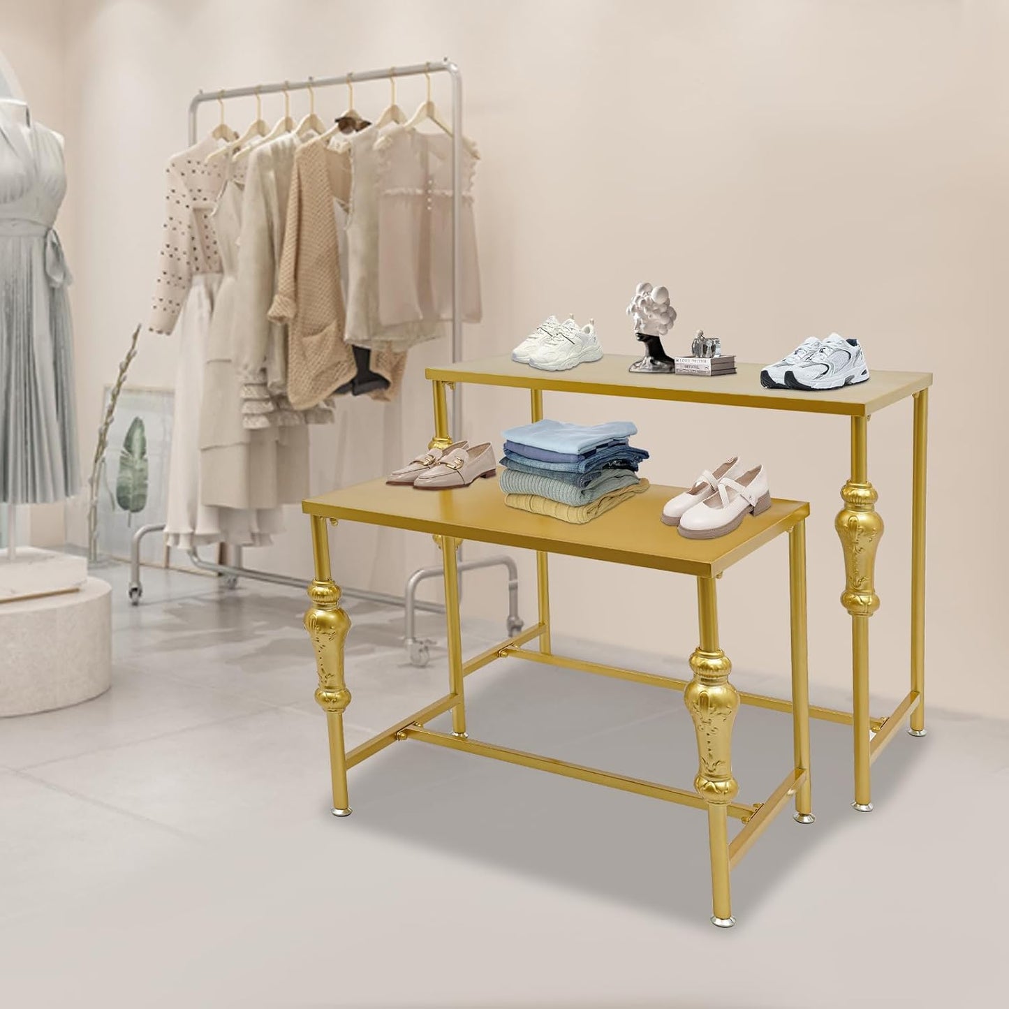 2Pcs Retail Display Tables, Shoe Handbag Display Stand Nesting Tables Set Heavy Duty Purse Display Risers for Home Boutique Retail Store (Gold)