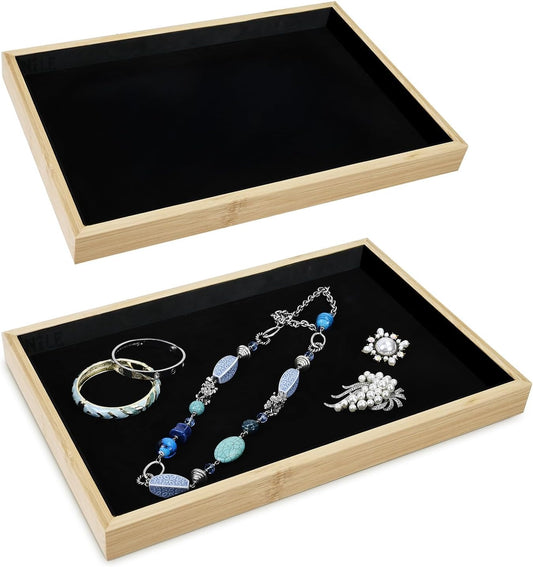 MOOCA 2 Pcs Bamboo Jewelry Display Tray, Presentation Tray, Organizer for Rings, Necklaces, Earrings, and Accessories, Black Color, 14" W x 9.6" D x 1.2" H