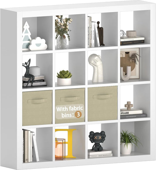 furtble Bookshelf with Storage Bins, 16-Cube Storage Organizer with Back Panels, Modern Wood Open Bookcase, Multifunctional Display Shelf for Living Room, Bedroom, Home Office, White