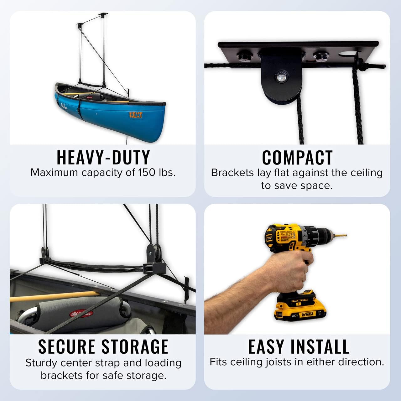 StoreYourBoard Ladder Storage Ceiling Pulley System, Garage Mount Hoist, Heavy Duty Hanging Organizer Holds 150 lbs