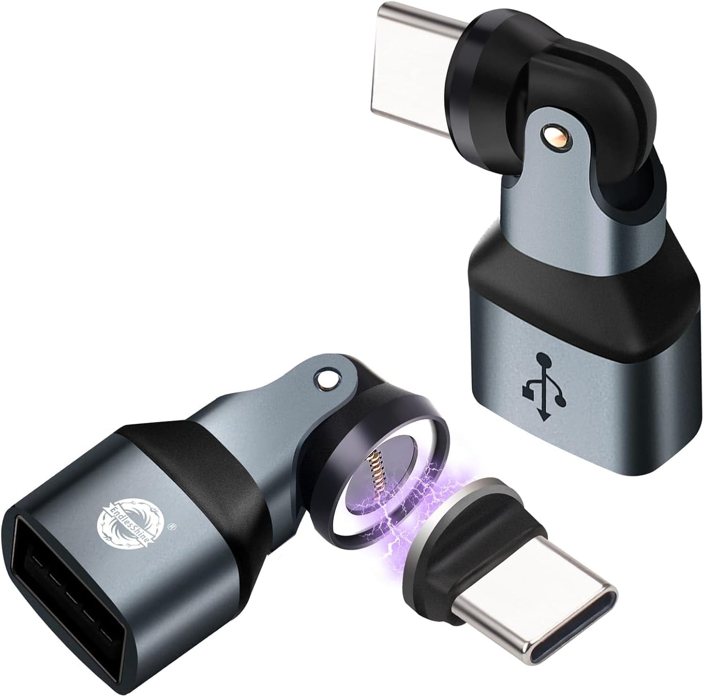 Mini USB A to C Magnetic Adapter 2 Pack, 480 Mbps USBC Male to USB 2.0 Female Adapter, USB C 90 Degree Right Angle Adaptor 180 & 360 Rotation 9PIN OTG Extender Connecter for Thumb Drive
