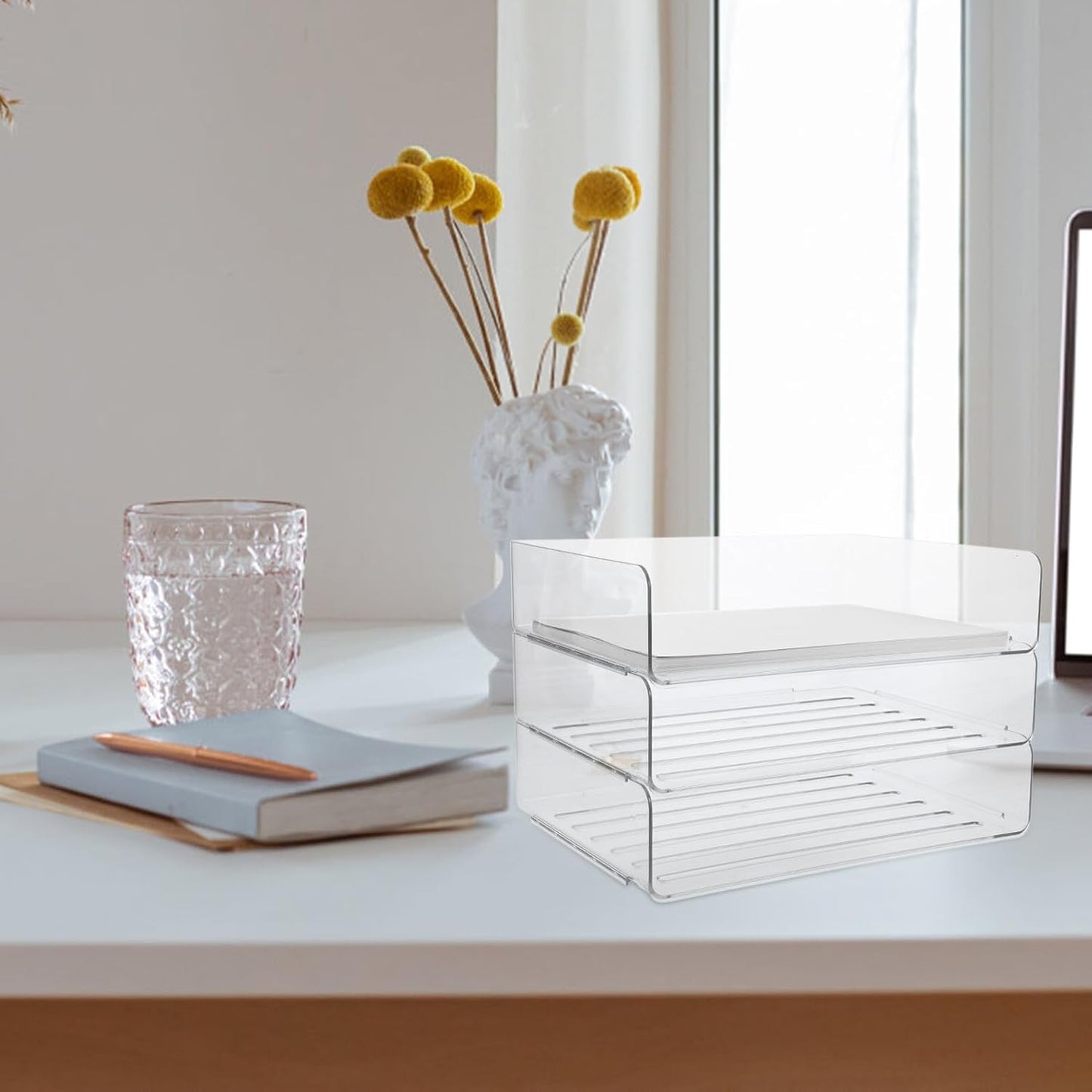 Stackable Paper Tray Organizer for Desk Wide Letter File Holder Transparent Desktop Storage Rack for Office Documents Mail and Stationery Management