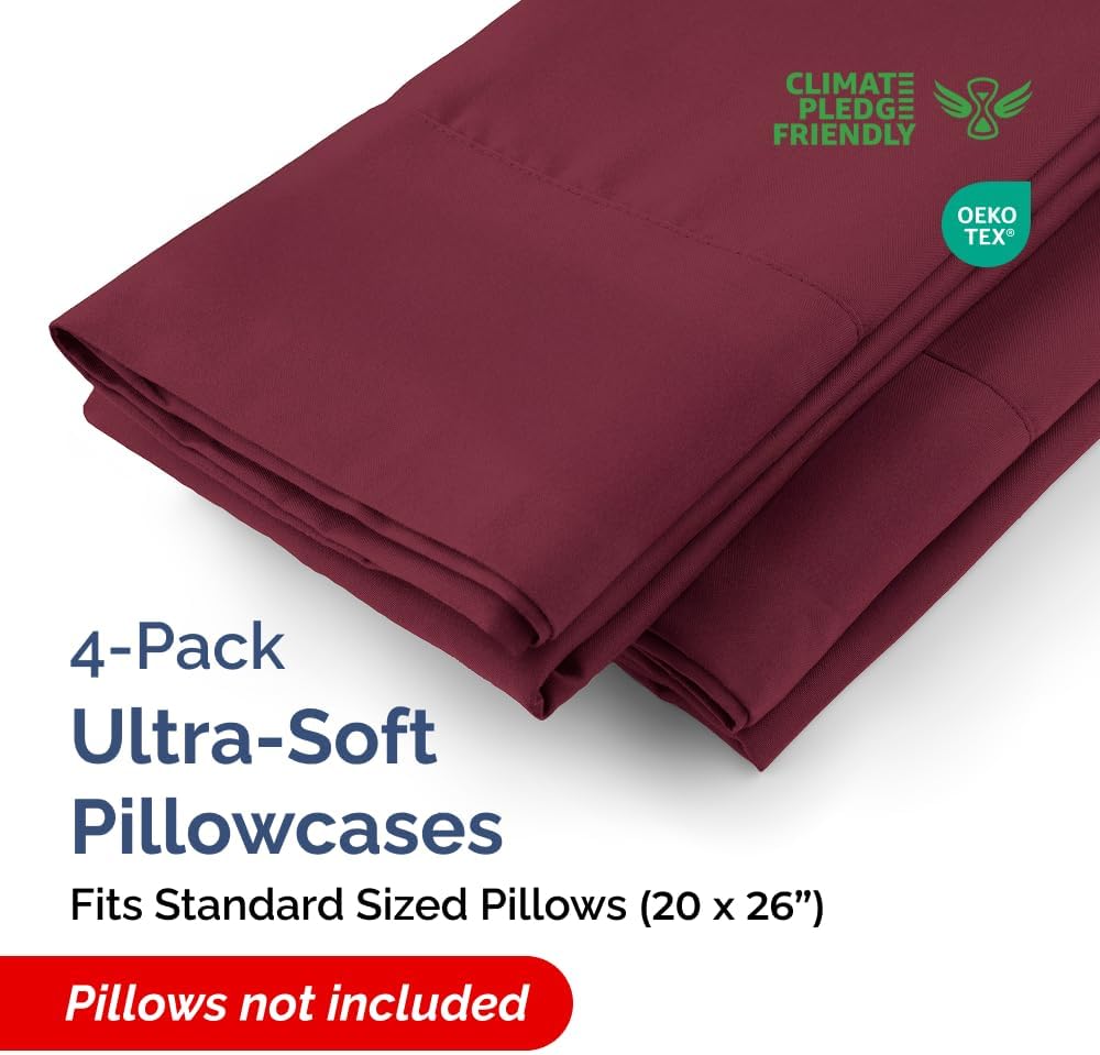 Standard Pillow Cases - 4 Pack - Super Soft Pillowcase Covers - Envelope Enclosure - Hotel Quality Pillow Protectors - Wrinkle Free, Shrink & Stain Resistant - Machine Washable - 20" x 26" (Burgundy)