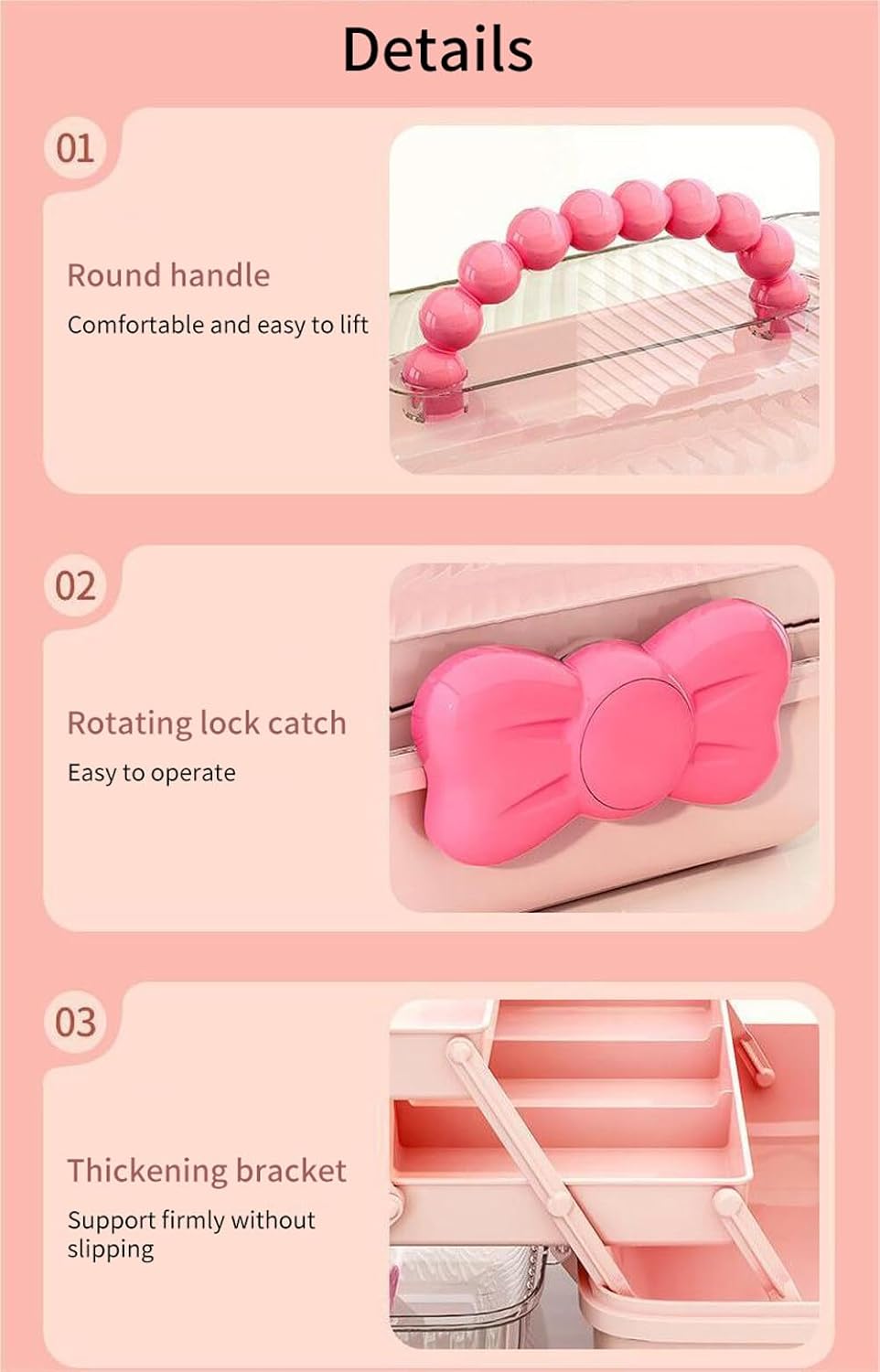 Cute Hair Accessories Organizer 3-Layers Kids Jewelry Storage Box Plastic Hair Accessories holder for Girls (Pink, 10.8 x 5.7 x 5.9 Inch)