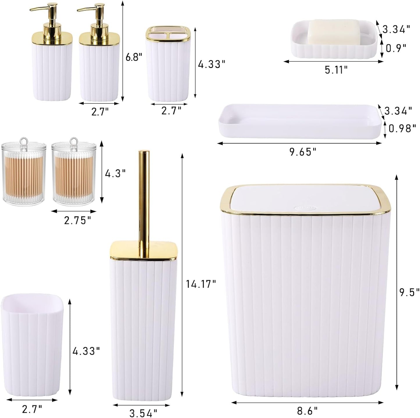 Bathroom Accessories Set - Gorgeous Bathroom Set, 10PC White Bathroom Accessory Set, Toilet Brush, Trash Can, Qtip Holder Dispenser & Soap Dispenser
