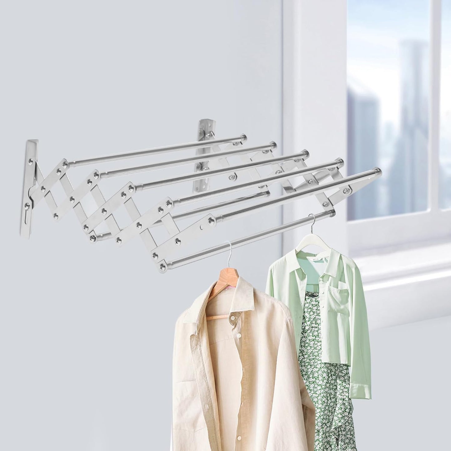 Wall Mounted Laundry Drying Rack, Retractable Clothes Drying Rack with Stable Base, Stretching Back, Forth, Left, Right, Folding Clothing Collapsible for Clothes Hanging