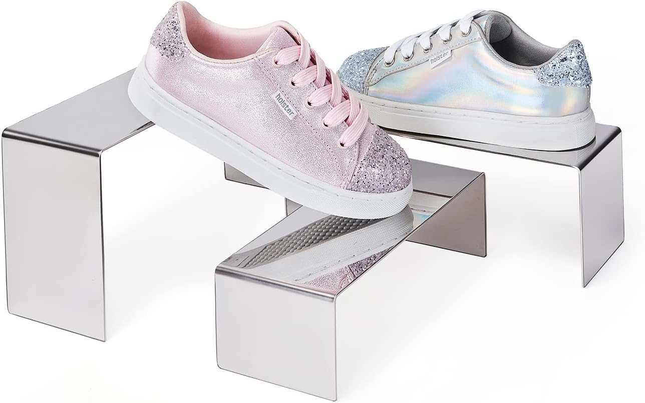Purse Display Stand, 3 Silver Risers Display Stands Stainless Steel, Heavy Duty Countertop Shoes Stand Handbag Holder Risers for Home Boutique Retail Store Vendor Display Bags Perfume Jewelry (RCS 50% Recycled Post-consumer Metal)