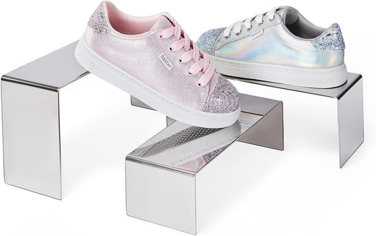 Purse Display Stand, 3 Silver Risers Display Stands Stainless Steel, Heavy Duty Countertop Shoes Stand Handbag Holder Risers for Home Boutique Retail Store Vendor Display Bags Perfume Jewelry (RCS 50% Recycled Post-consumer Metal)