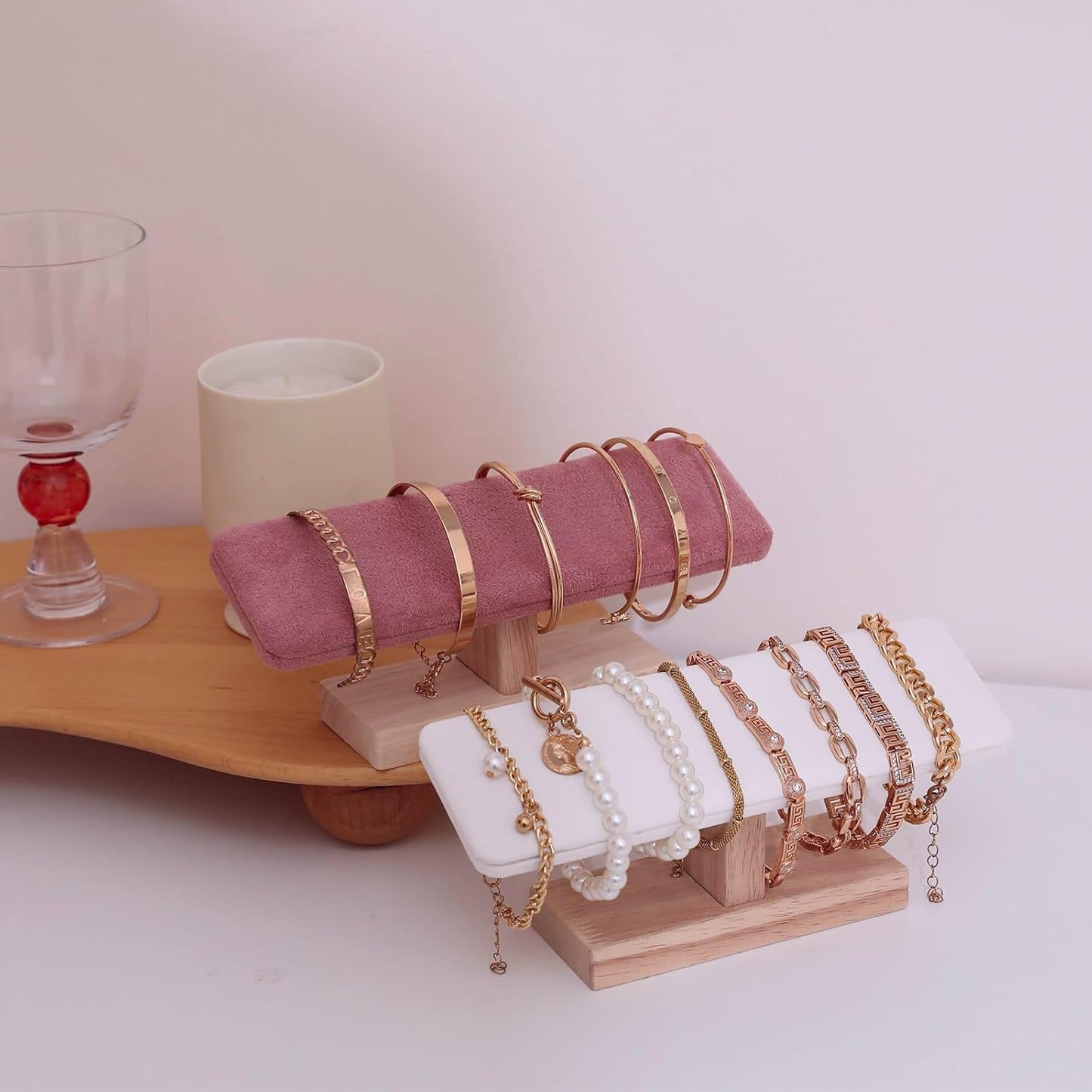 Wooden Watches Display Tower Base Watch Neck Bracelet Organizer Rack Bangle Scrunchie Headband Showcase Tower Pink Suede