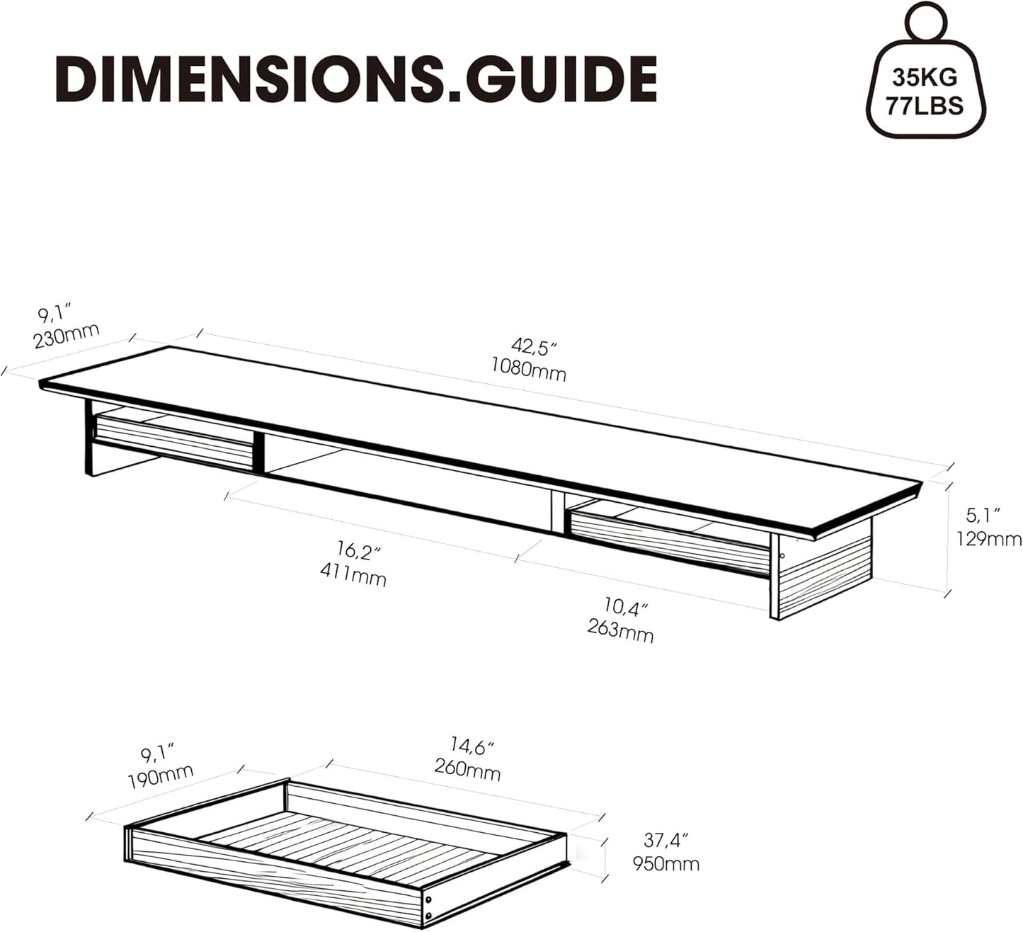 Fenge Dual Monitor Stand with Drawer, 42.5 Inch Large Monitor Riser with Acrylic Legs Supports, Computer Stand for Desk, 2 Tier Wood Desk Shelf with Storage Organizer for PC, Laptop, Printer, TV