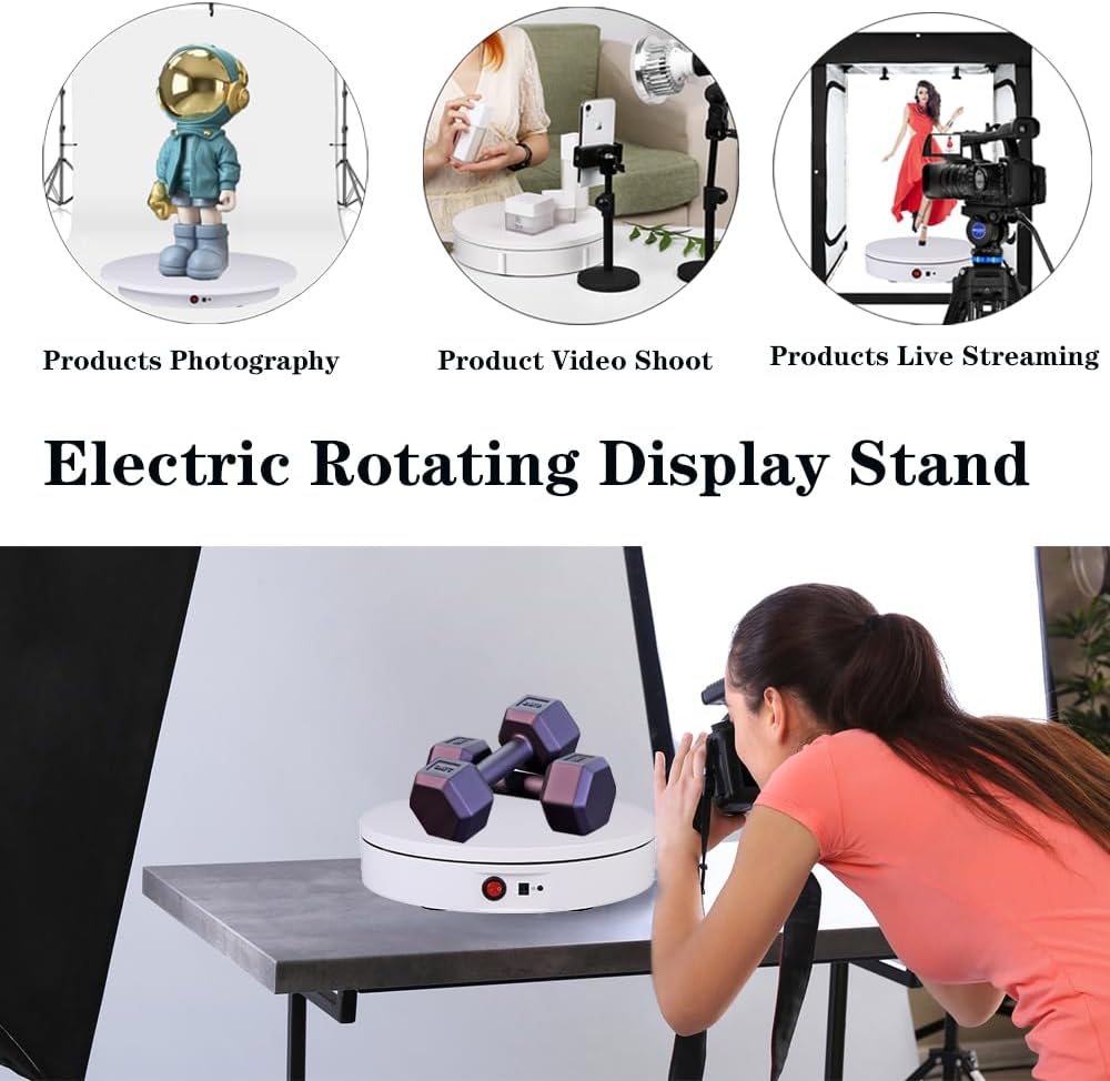 JAYEGT Motorized Rotating Display Stand，330 Lbs Load，360 Degree Electric Rotating Photography Turntable For Products Display，Video Show, Live Show，Remote Control +5 Colors Backgrounds(White / 11.8inch / Rechargeable)