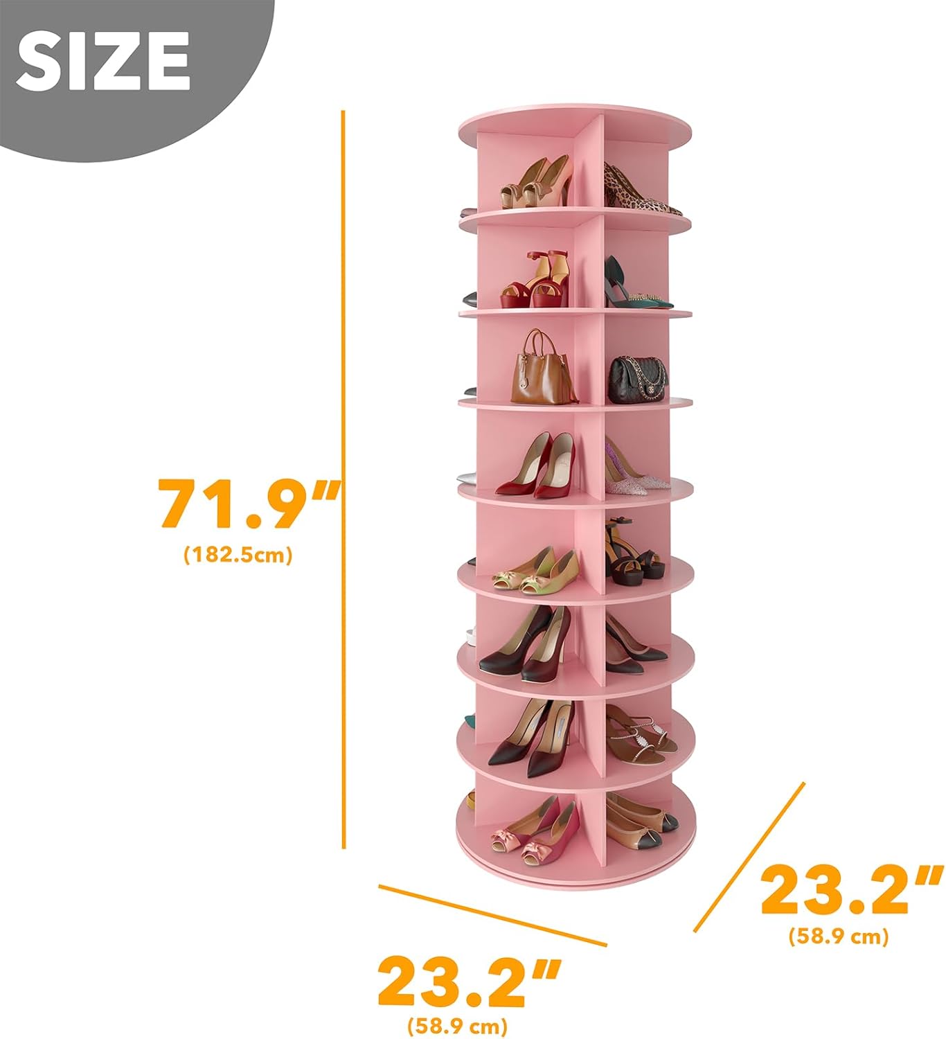 SpaceAid 8 Tier Rotating Shoe Rack Tower, Spinning Shoe Display Lazy Susan, Revolving 360 Shoe Rack Storage Round Carousel, Vertical Handbag Rotate Shoes Closet Organization (8-Tier Pink)