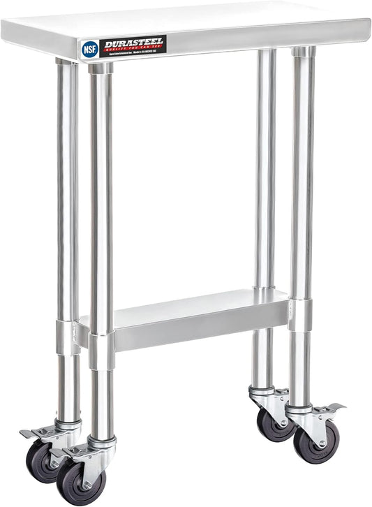 DuraSteel 24x12 NSF Stainless Steel Cart - Heavy Duty Rolling Food Prep Table with Undershelf - Metal Utility Cart for Commercial Restaurant Kitchen, Laundry, Side Mixer Stand