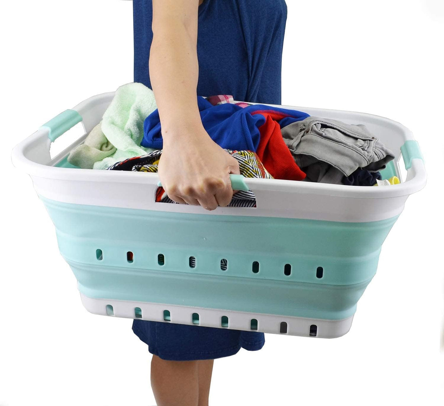 SAMMART 42L (11 gallon) Collapsible Plastic Laundry Basket - Foldable Pop Up Storage Container/Organizer - Space Saving Hamper/Basket (1, White/Lake Green)