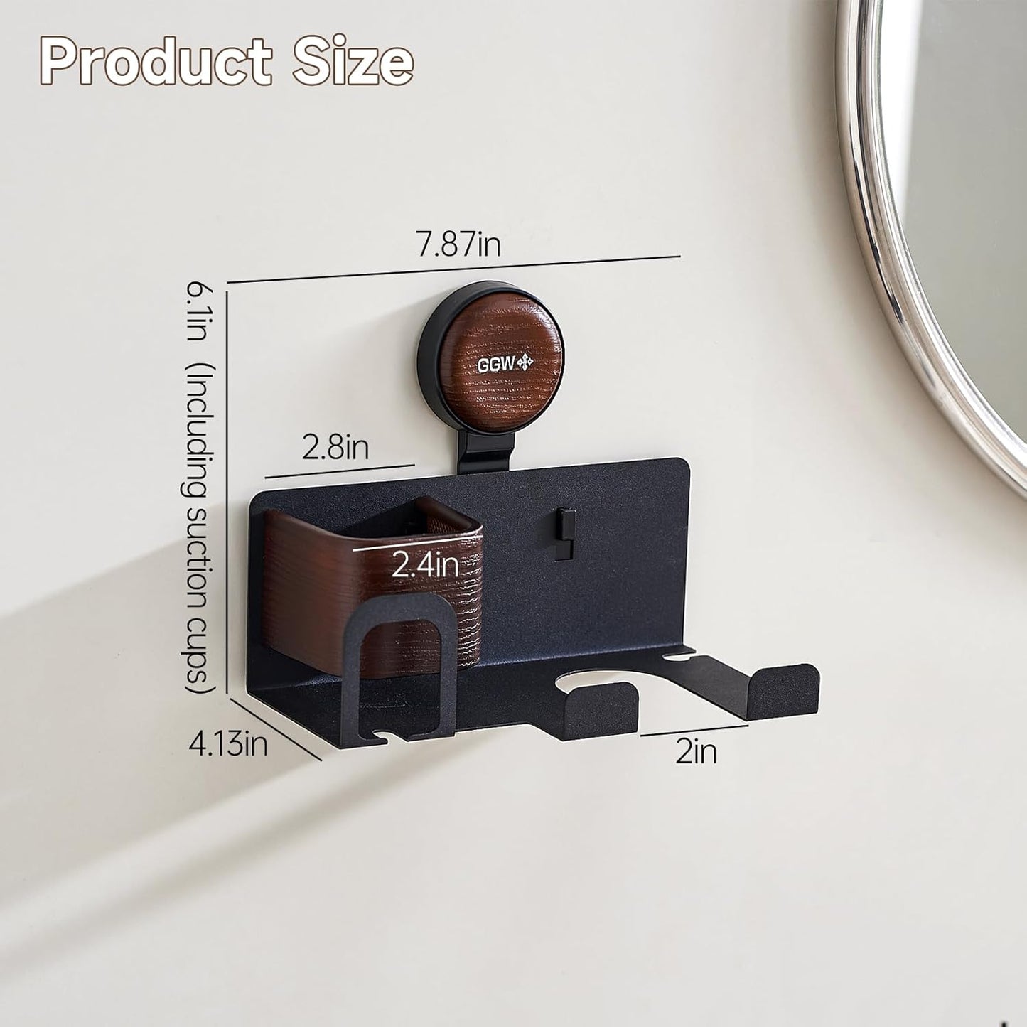 Hair Dryer Holder Wall Mount with Suction Cup, No-Drill Metal Blow Dryer Holder, Hair Accessories Tools Organizer Rack with 1 Toothbrush Hanger & Shelf, Walnut Finish for Bathroom