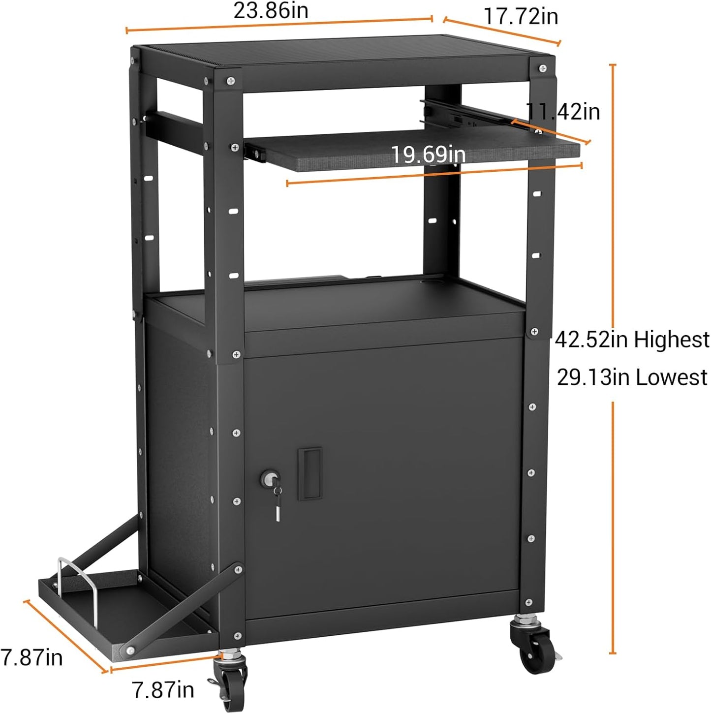 Mobile AV Cart with Side Shelves, Rolling Computer Cart Height Adjustable Rolling Media Utility Cart with Pullout Keyboard Tray Extra Storage Space, 4 Outlets, Perfect for Home or Office Use