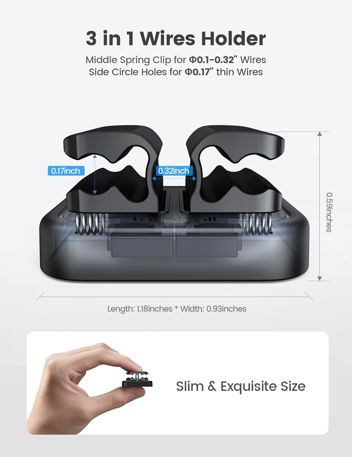 3-in-1 Cord Spring Clip Holder - Lamicall Small Clips for Desk Cable Organizer, Adhesive Adjustable Cable Holder for Charger Wire, USB Cord, Office, Car, Cord Management, Desk Accessories, 6Pcs