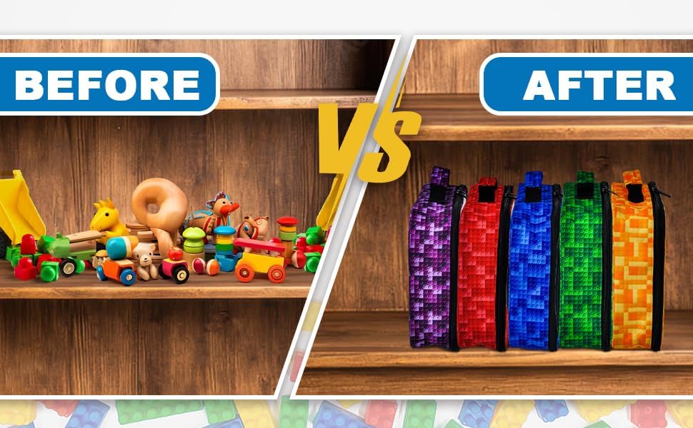 5 PCS Toys Storage Bags for kids,Travel Organizer Pouch Case for Toy Bricks, Puzzles, Building Blocks,Waterproof Colorful Print Design with Handle (Transparent)