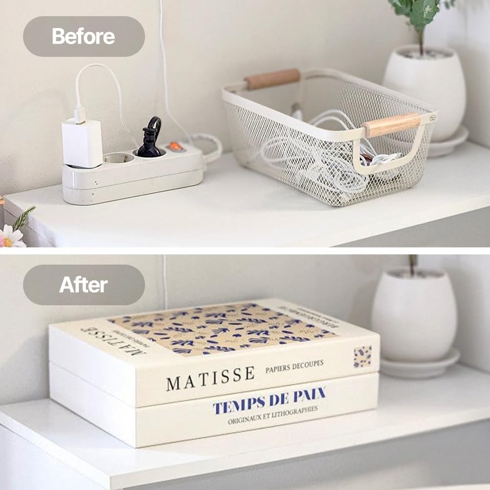 Book Shape Decorative Cable Management Box - Expandable Cable Organizer Box with Magnetic Closure for Home & Office (William Morris, Large)