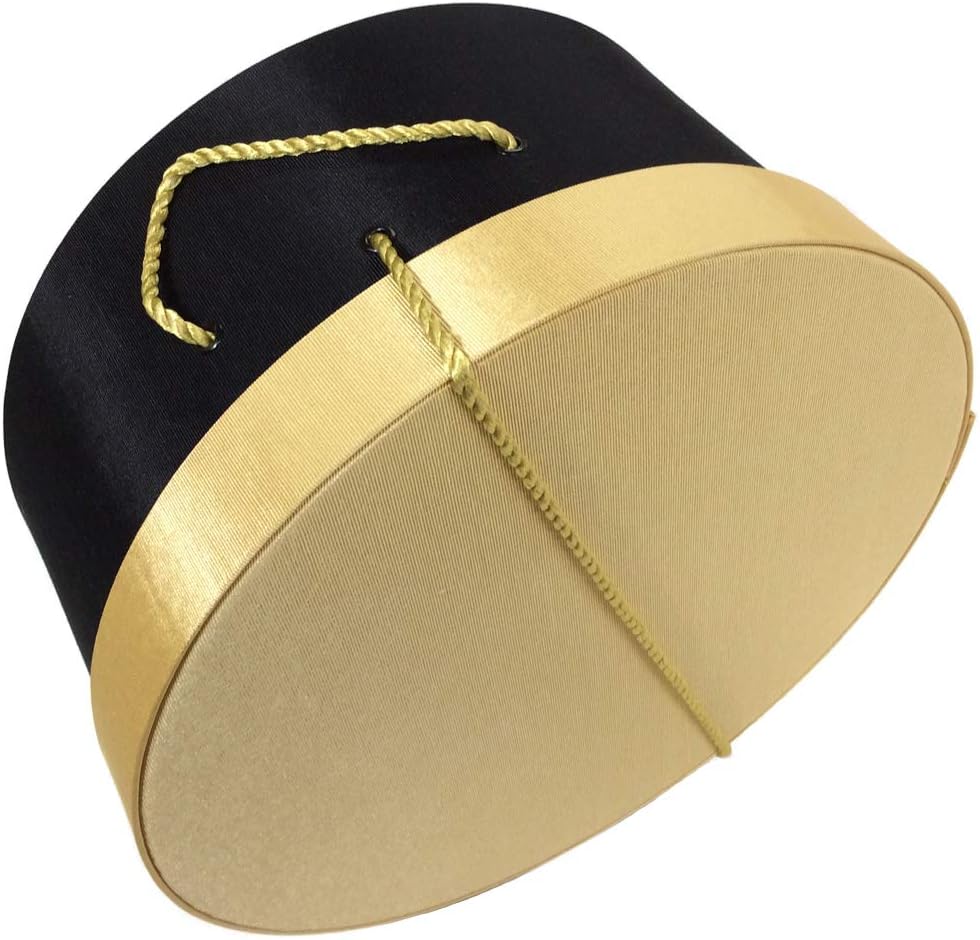 Sarah's Hat Boxes Classic Black/Gold Hat Box – 16.75" x 8.5" (Dia. x Ht.) Handmade in USA – Odorless Non-Toxic Adhesive, Cording Handle – Premium Storage for Hats & Accessories