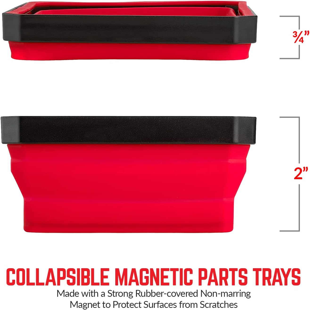 SANDOR Collapsible Magnetic Parts Tray Set - (Pack of 3) Tool Trays for Screw, Bolts, Nuts, Washers, Pins and Other Small Metal Parts - 4.25 Inch Square - Red, Blue, and Green