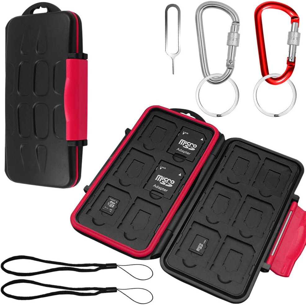 Set of 2, Memory Card Case with Carabiner and Card Removal Tool, findTop Water-Resistant Shockproof Carrying Case Protector Box 24 Slots for 12 Piece SDHC/SDXC Cards and 12 Micro SD Cards