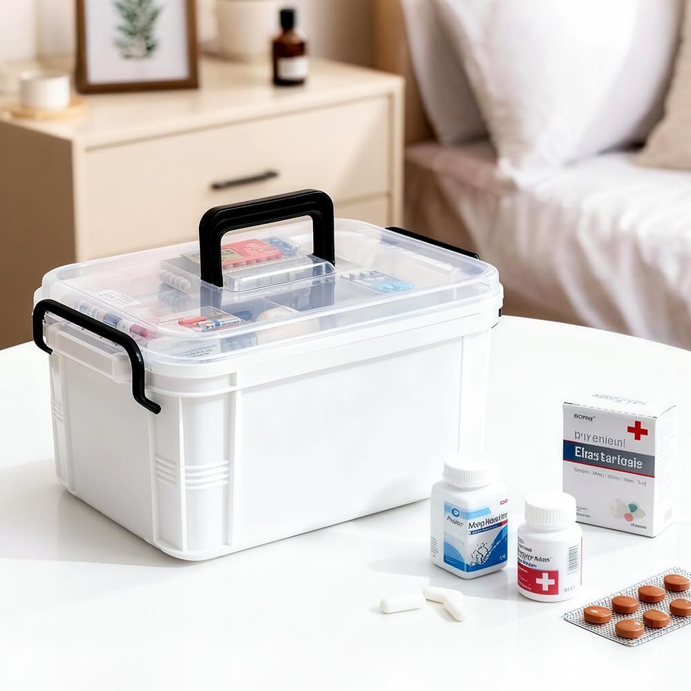 15qt White Medicine Organizer Storage Box with Tray, Plastic First Aid Box Empty, Thickened Medicine Container Chest, Multipurpose Medical Case with Labels, Medicine Caddy with Lids Handles