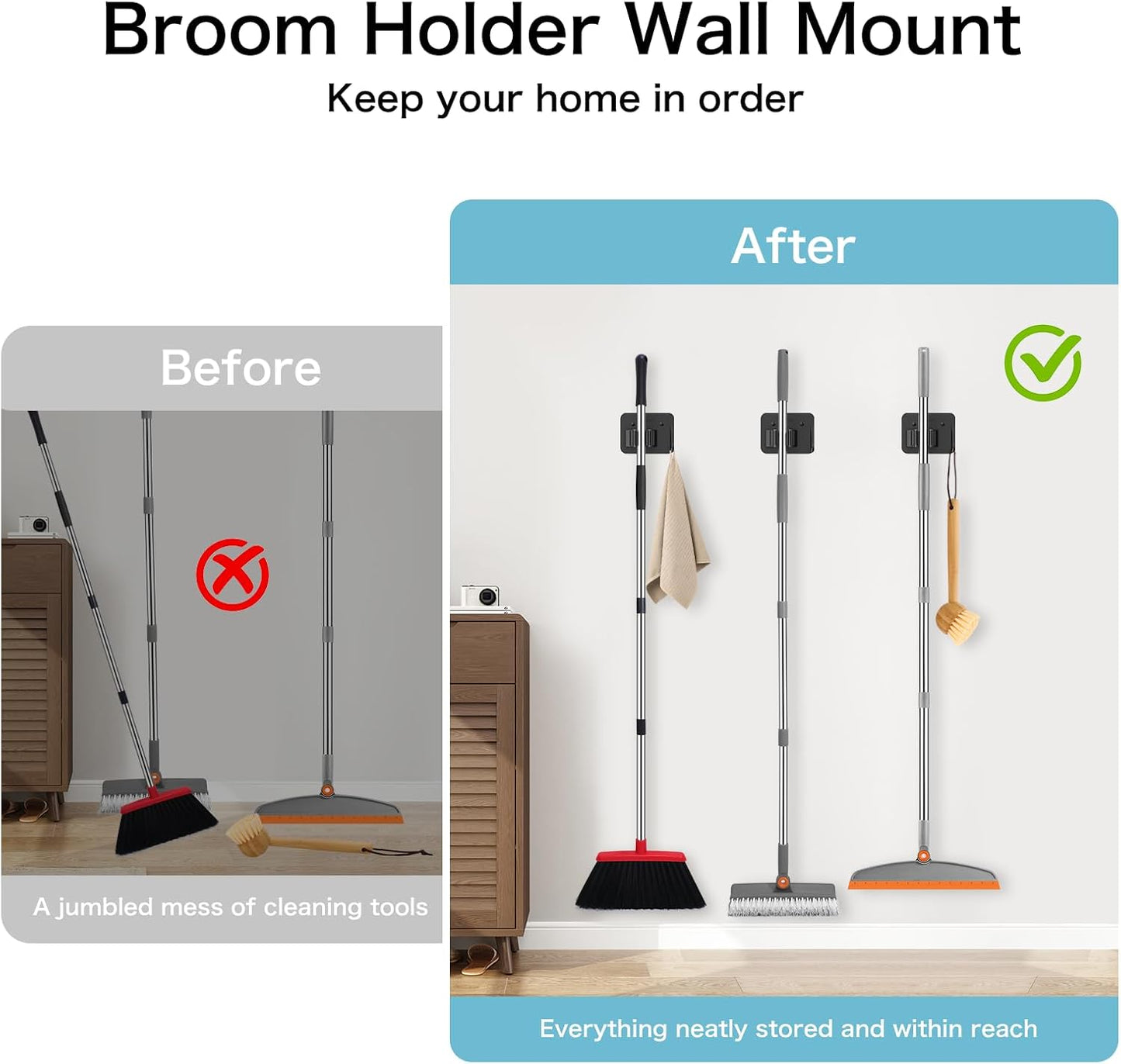 nacena Broom Holder Wall Mount, 4 Packs Black Stainless Steel Mop and Broom Hanger with Hooks Heavy Duty Broom and Mop Organizer Wall Hanging for Bathroom