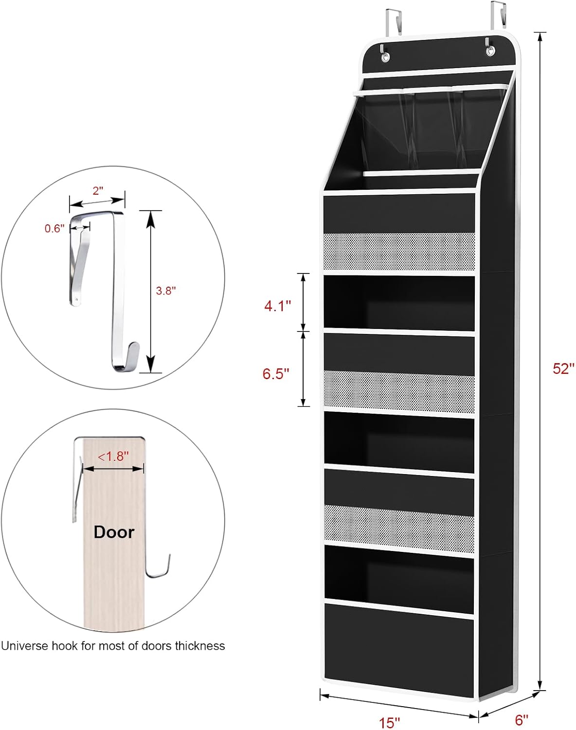 Univivi 5-Shelf Fabric Door Storage Over Door Hanging Organizer with 4 Large Pockets and 3 Small PVC Pockets Nursery Closet Cabinet Wall Mount Hanging Storage Organizers for Baby Nursery (Black)