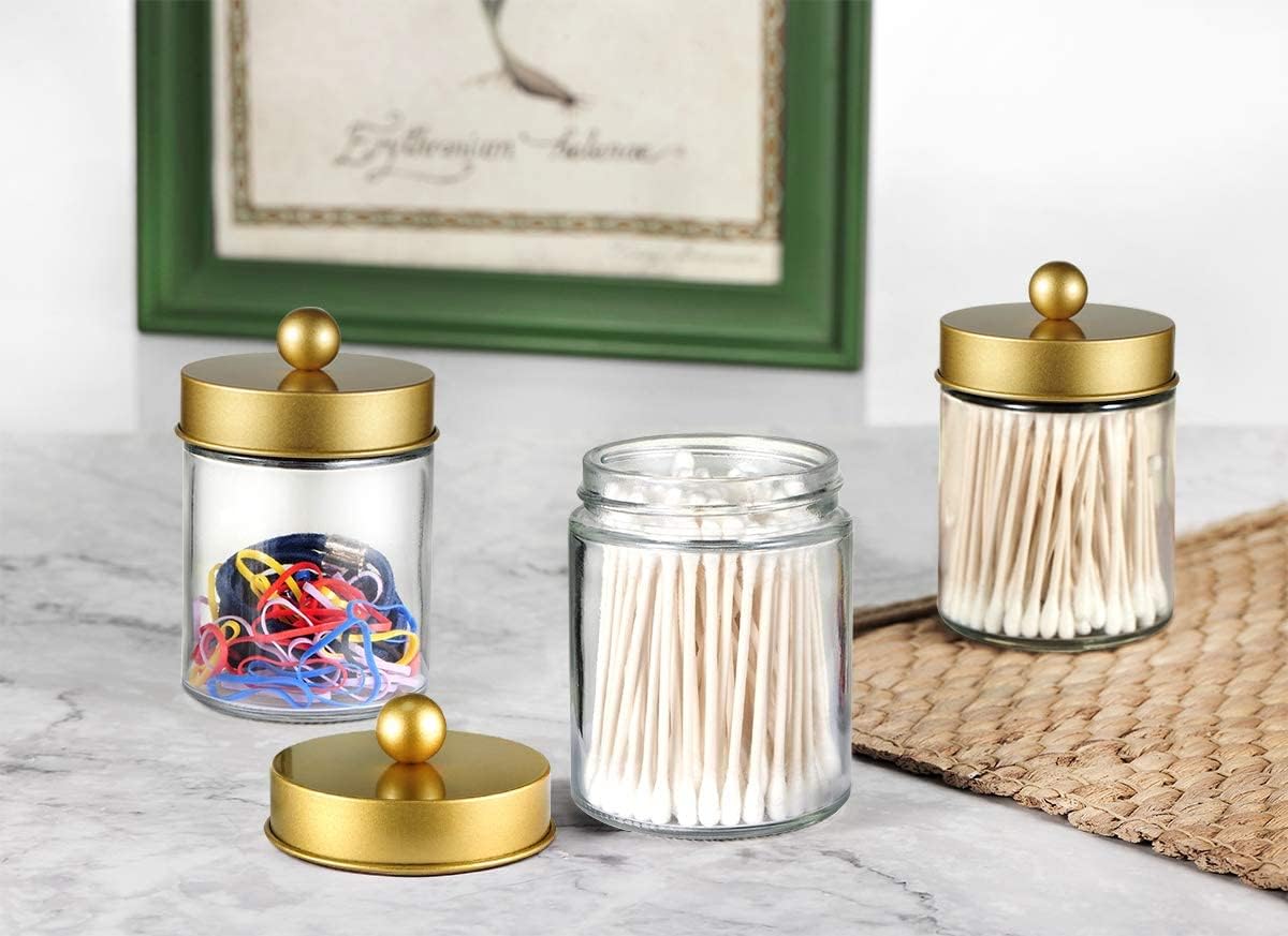 Amolliar 6Pc Apothecary Jars Bathroom Vanity Organizer- Rustic Farmhouse Decor Storage Canister with Stainless Steel Lids- Qtip Dispenser Holder for Q-Tips,Cotton Swabs,Rounds,Ball,Flossers (Gold)
