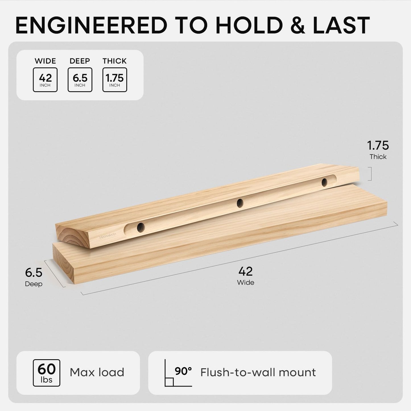 Homeforia 42 inch Natural Floating Shelf, High End Solid Real Wood 42inch Small Floating Shelves for Wall Mounted, Natural Wooden Floating Shelves, Heavy Duty Bracket, 42 X 6.5 X 1.75 in, Set of 3