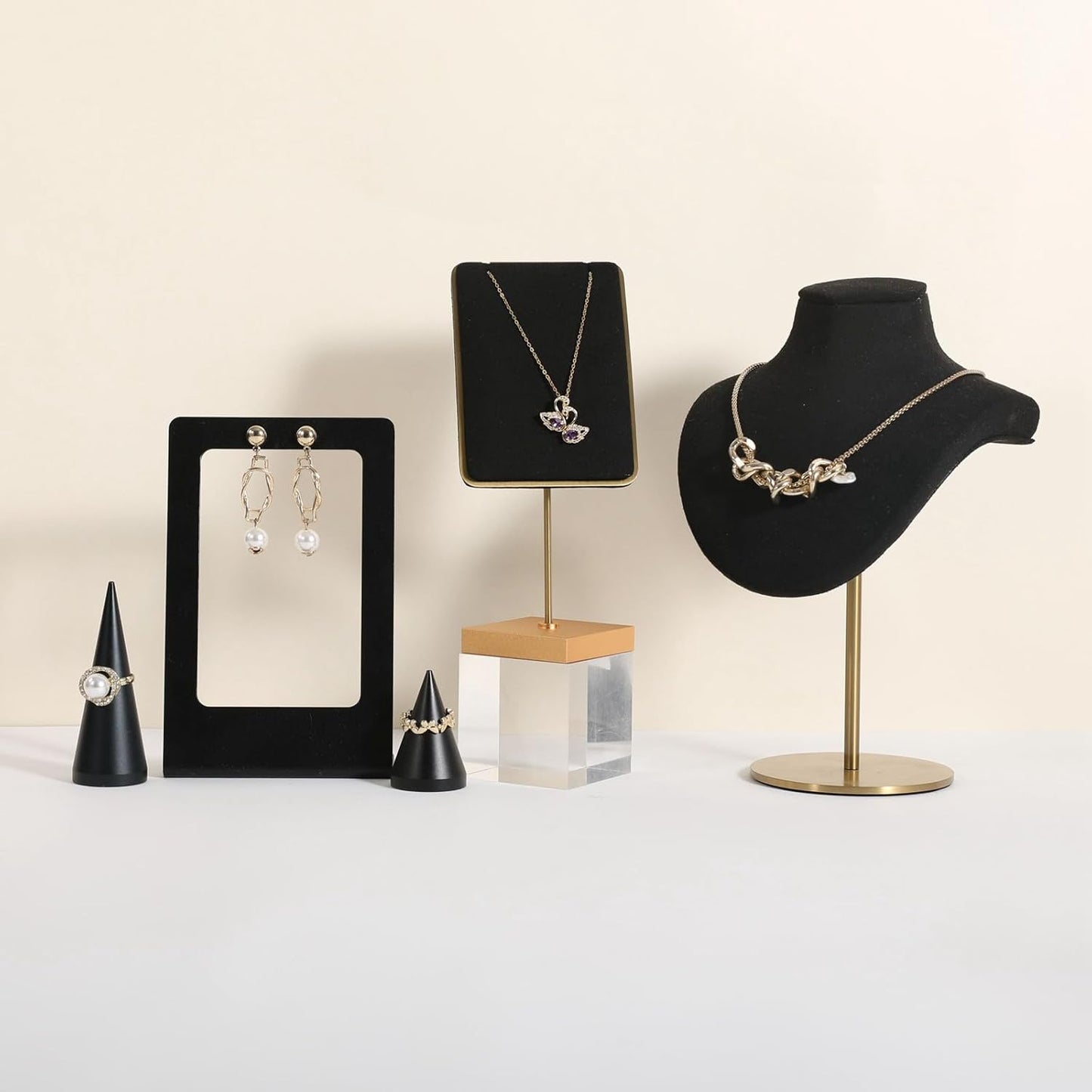 GemeShou Black velvet necklace stand, gold necklace hanger, small metal jewelry stand for earrings and necklaces【Black】
