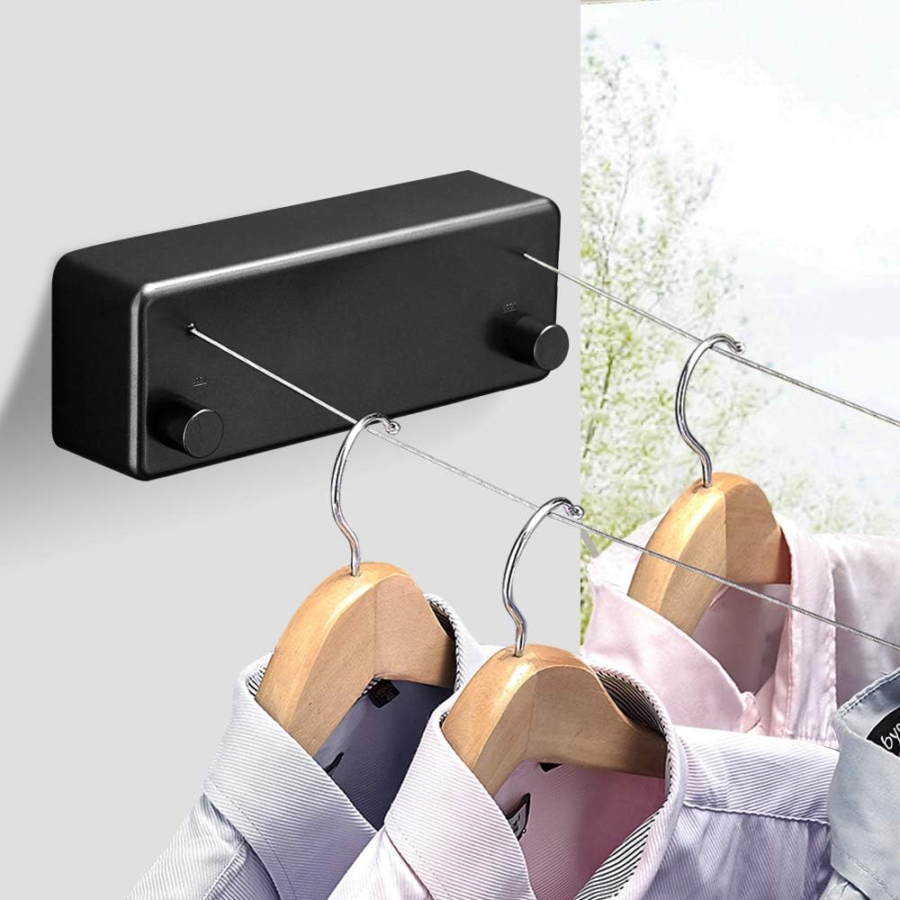 BESy Retractable Clothesline ABS case+Aluminum Dryer with Adjustable Stainless Steel Double Rope String Hotel Style Heavy Duty,Wall Mounted Method, 13.8 Feets,Black