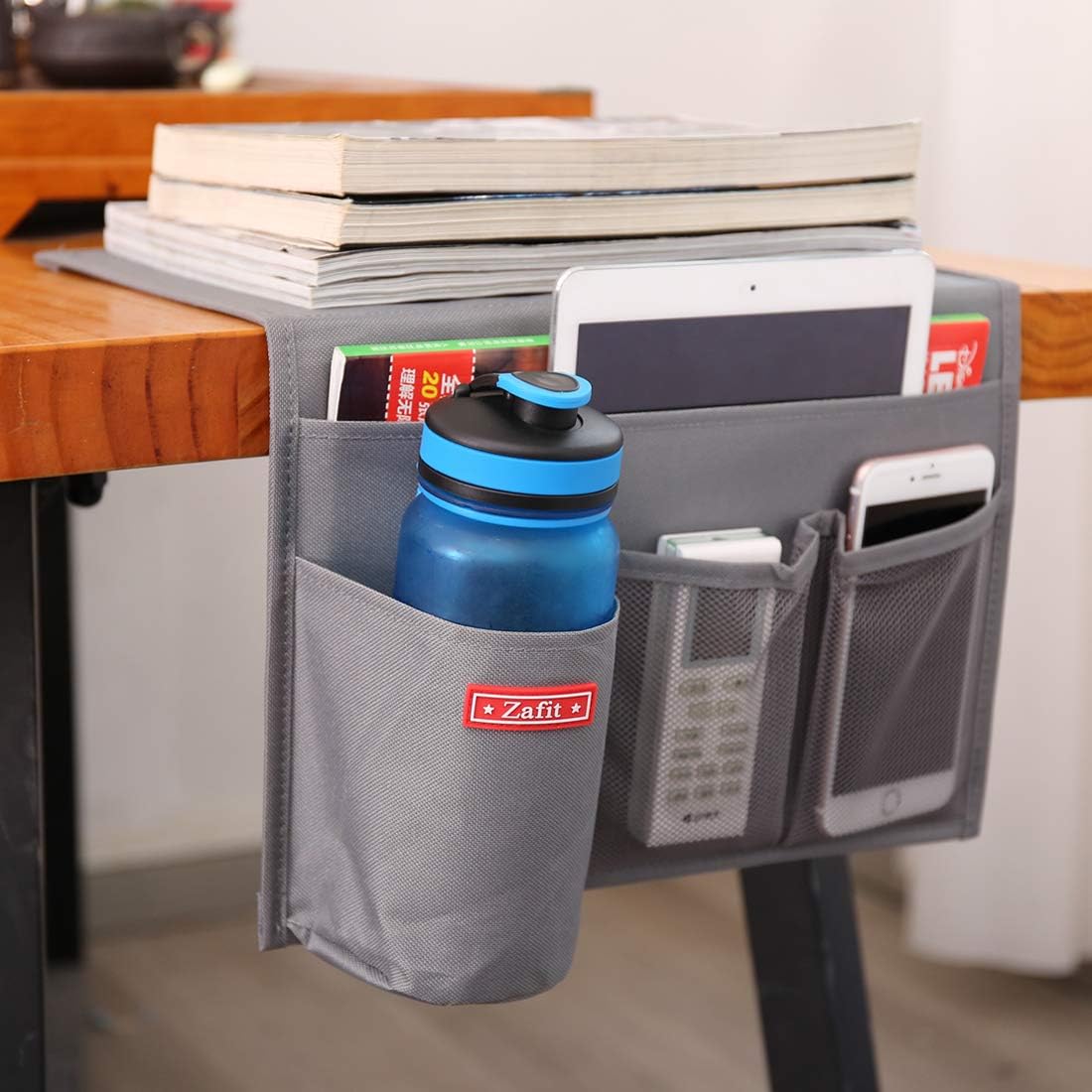 Bedside Storage Organizer - Table Cabinet Organizer Caddy for Remotes, Phone, Glasses (4 Pockets - Grey)
