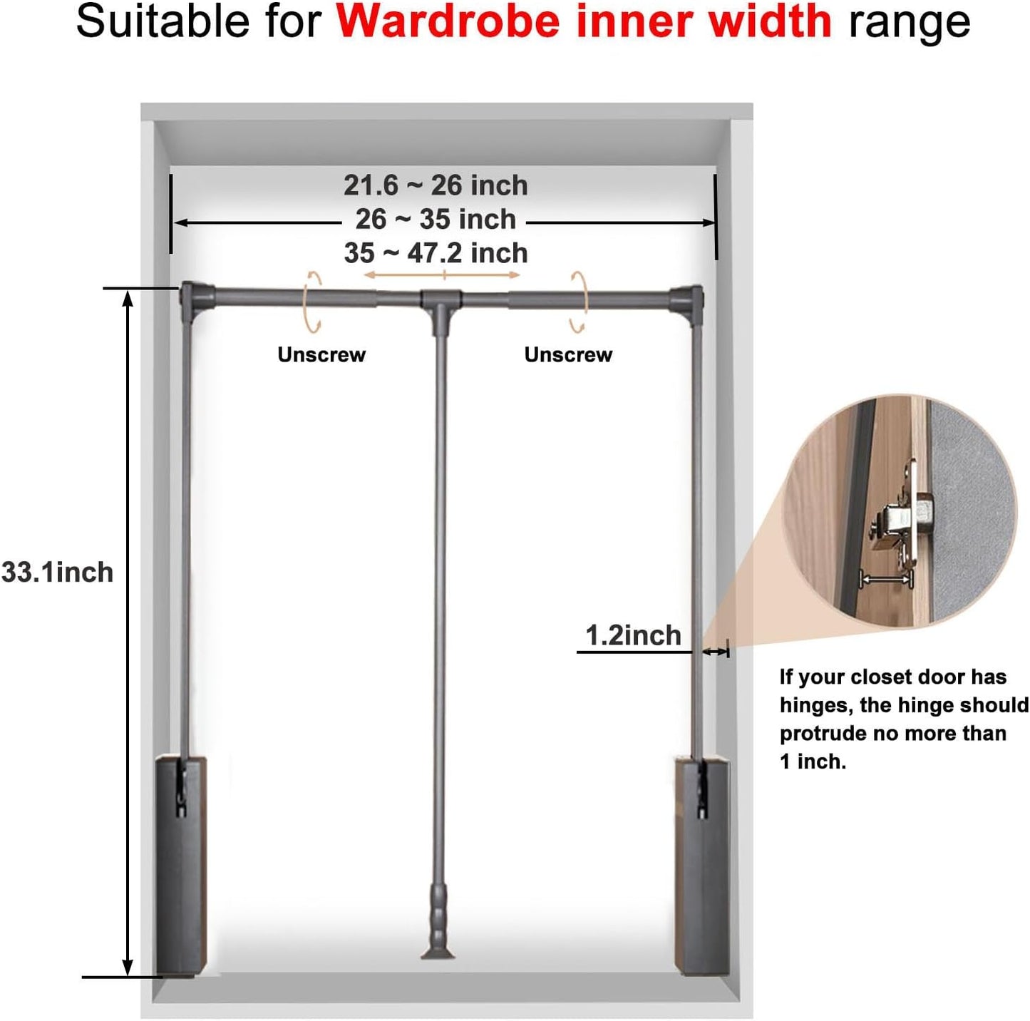 Pull Down Closet Rod for Hanging Clothes, Retractable Wardrobe Hanger for Cabinet Inside Width 26"~35", Aluminium alloy Tubing with Plastic Housing, 44 lb Weight Rating