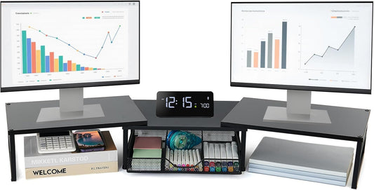 OPNICE Dual Monitor Stand Riser, Desk Organizer with Drawer, Office Desk Organizers and Accessories, Office Workspace Organization, Computer Monitor Stand for Laptop, Printer (Black)