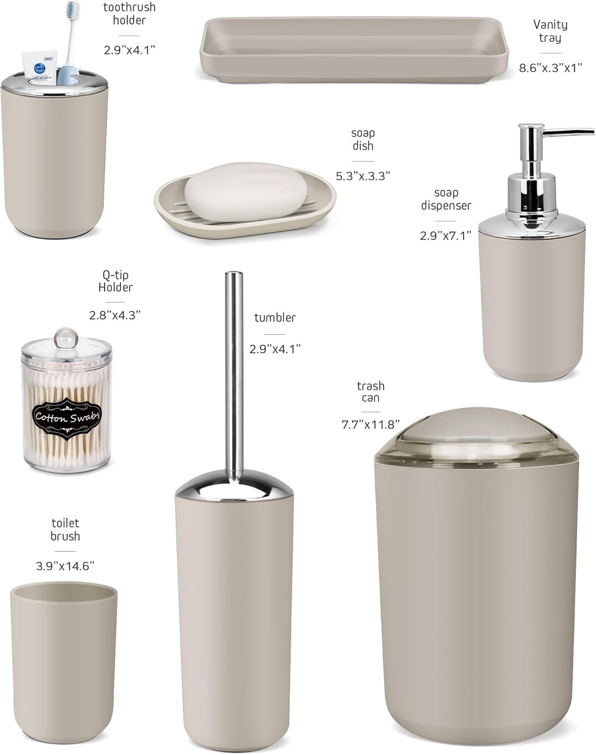 IMAVO Bathroom Accessories Set,Beige Bathroom Set,9 Pieces Bathroom Accessory Set,Tray,Qtip Holders,Toilet Brush,Trash Can for Bathroom Décor and Home Gifts
