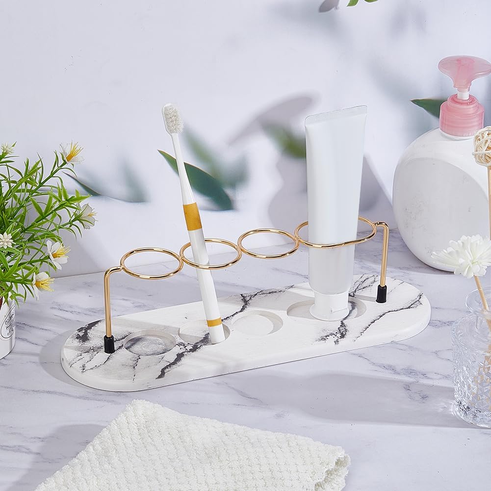 AHANDMAKER Toothbrush Holder 4 Slots Toothbrush Holder Bathroom Marble Pattern Toothpaste Razor Storage Makeup Brush Display Rack for Bathroom Toothpaste Organizers, Gold Marble White